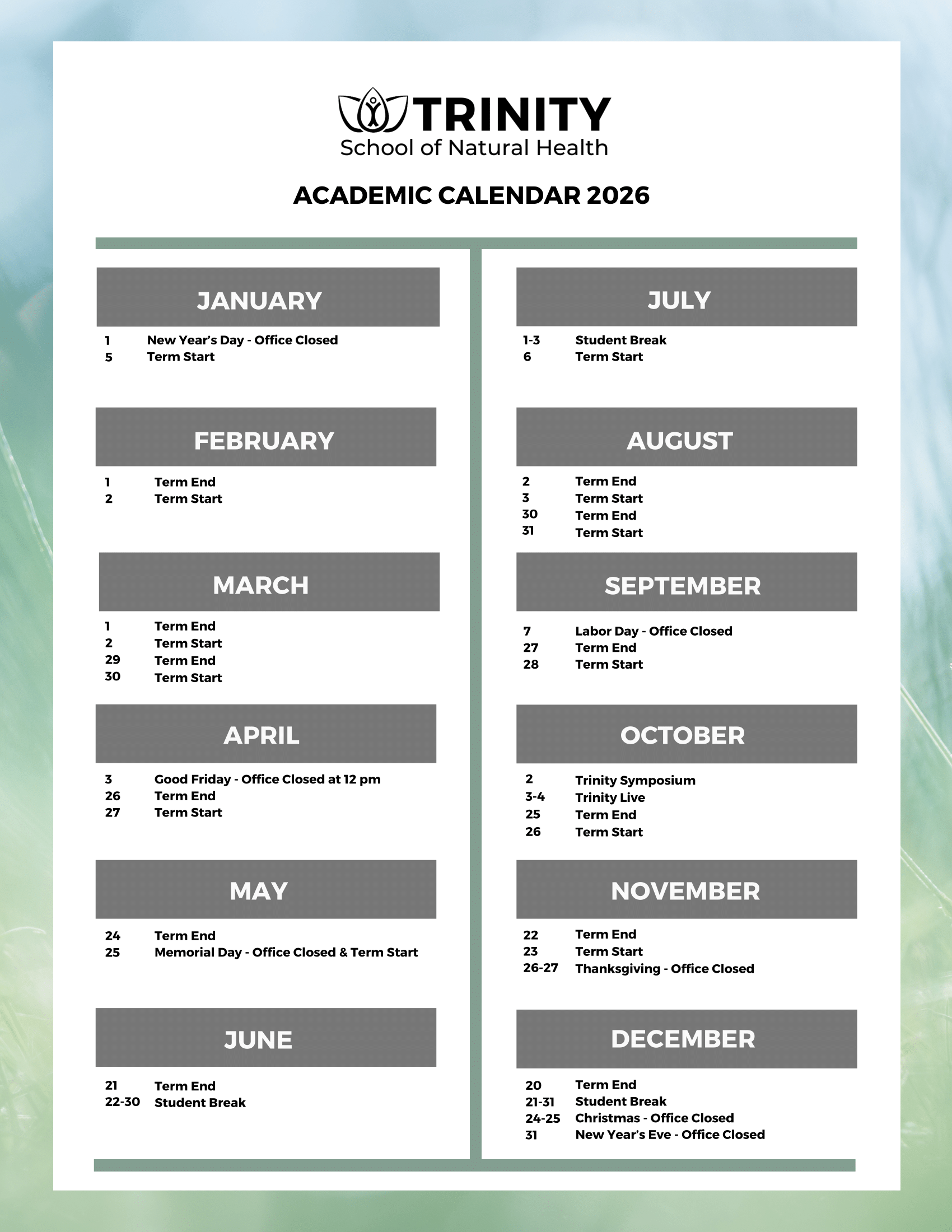 Academic Calendar